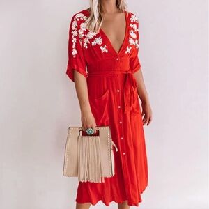 Impressions Red Midi Dress with White Floral Accents